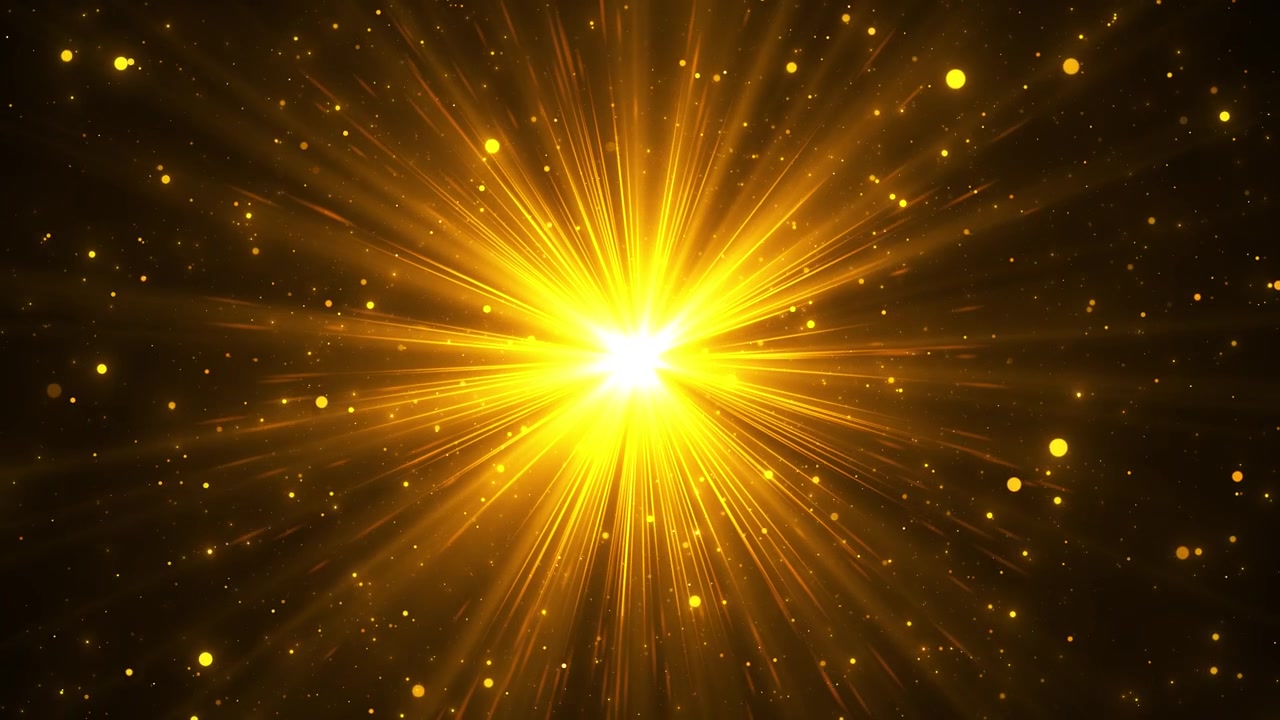 Golden starburst particle background with bright center flare radiant rays glowing dust and dark