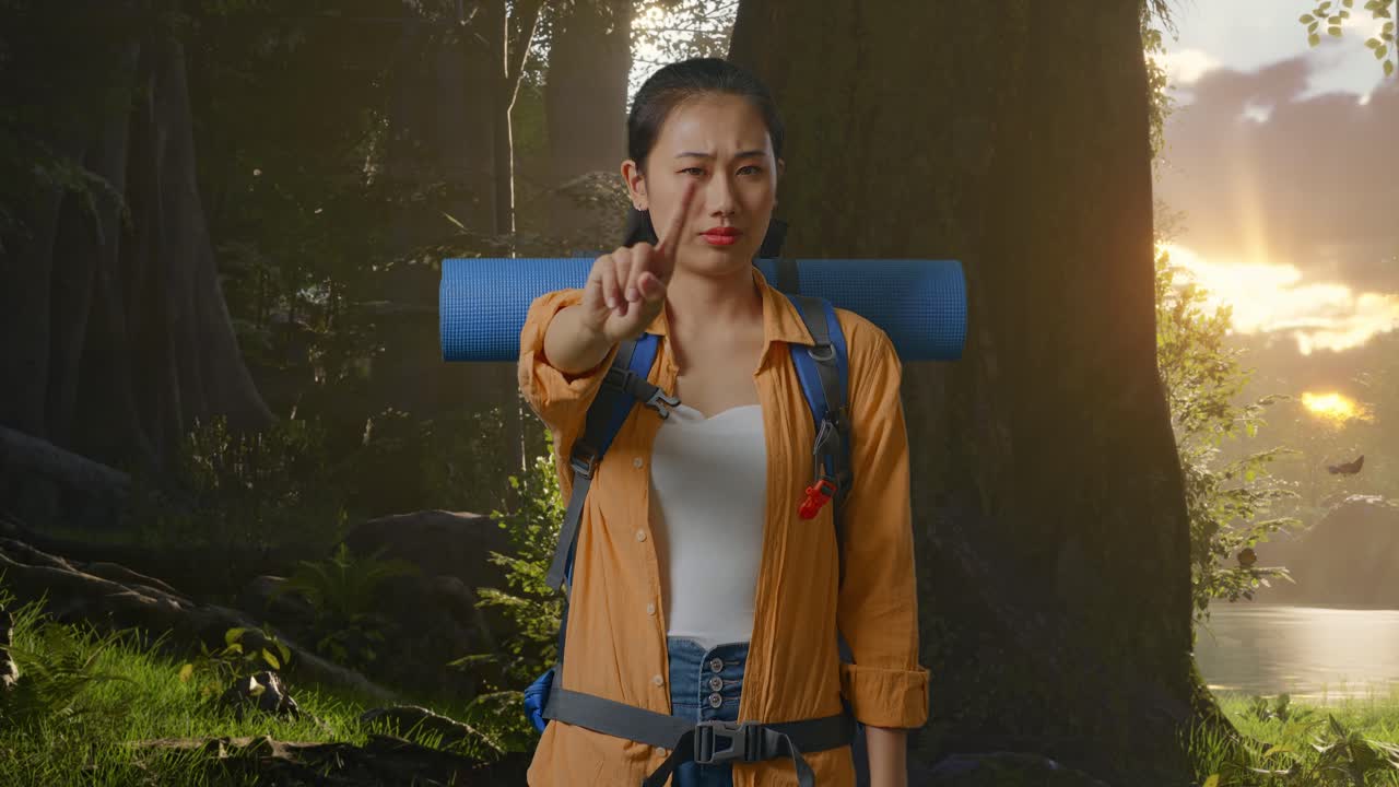 Asian Female Hiker With Mountaineering Backpack Showing No Gesture With Index Finger While Exploring Forest Nature