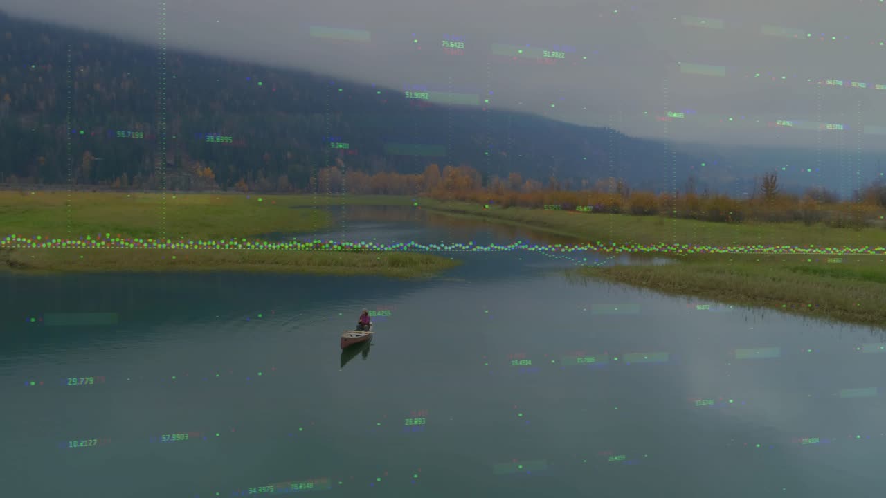 Man sitting boat left data feed starting globe expanding waveform forming reflecting showing data