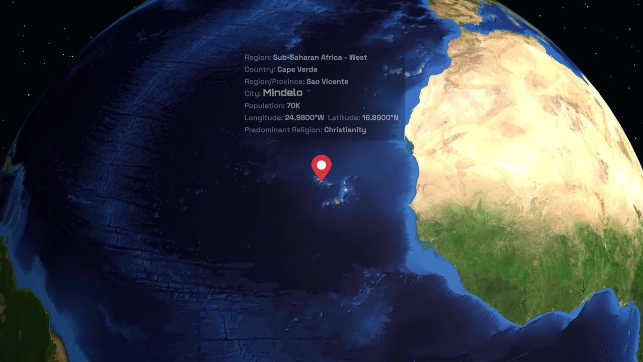 A digital globe rotates and zooms into Mindelo, Cape Verde, with data overlay and marker