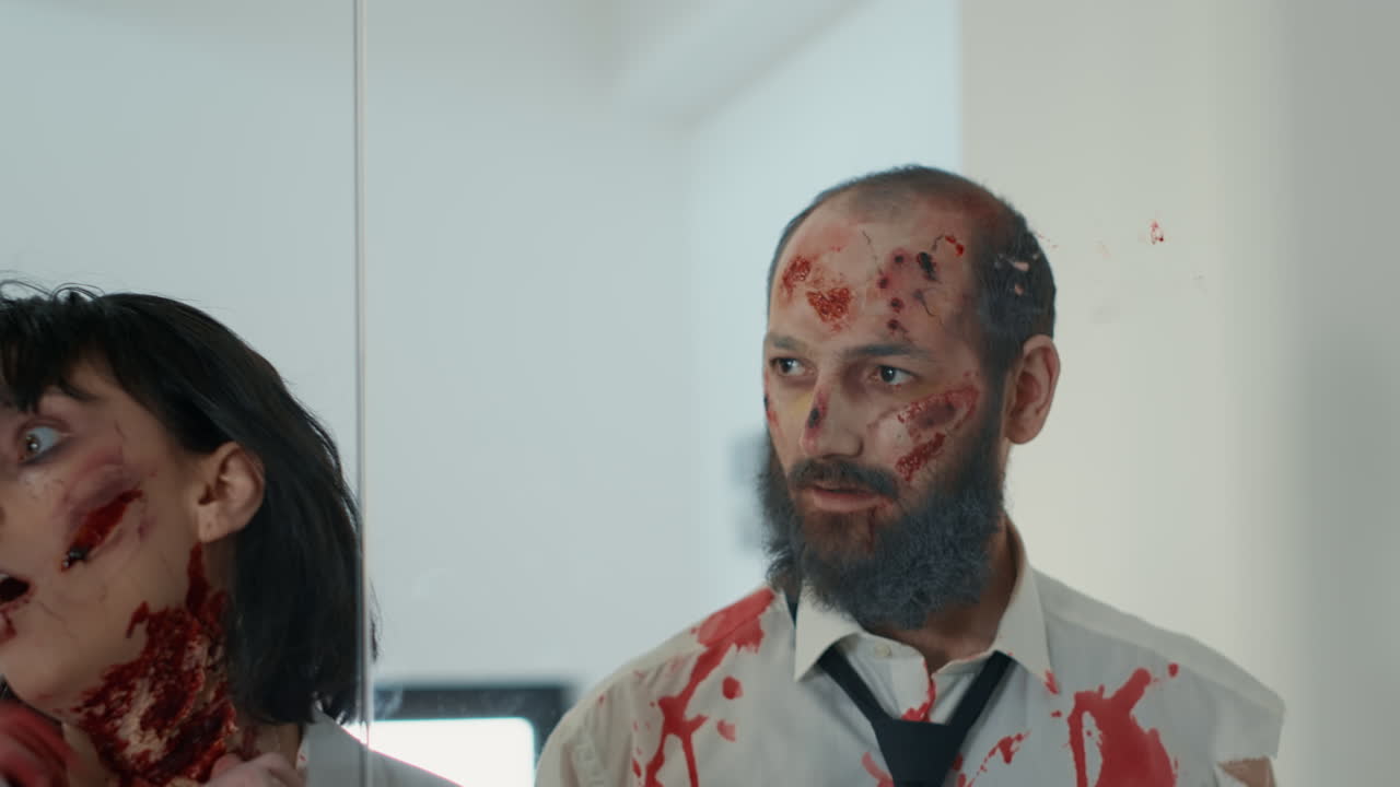 Brain-dead evil monsters with deep scars trying to enter inside office workspace