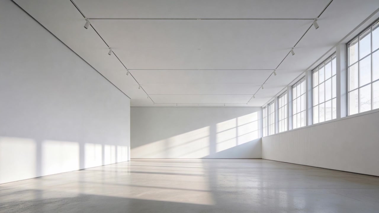 Luce solare che entra dalle finestre a destra proiettando fasce diagonali sul pavimento della galleria mentre il sole si muove