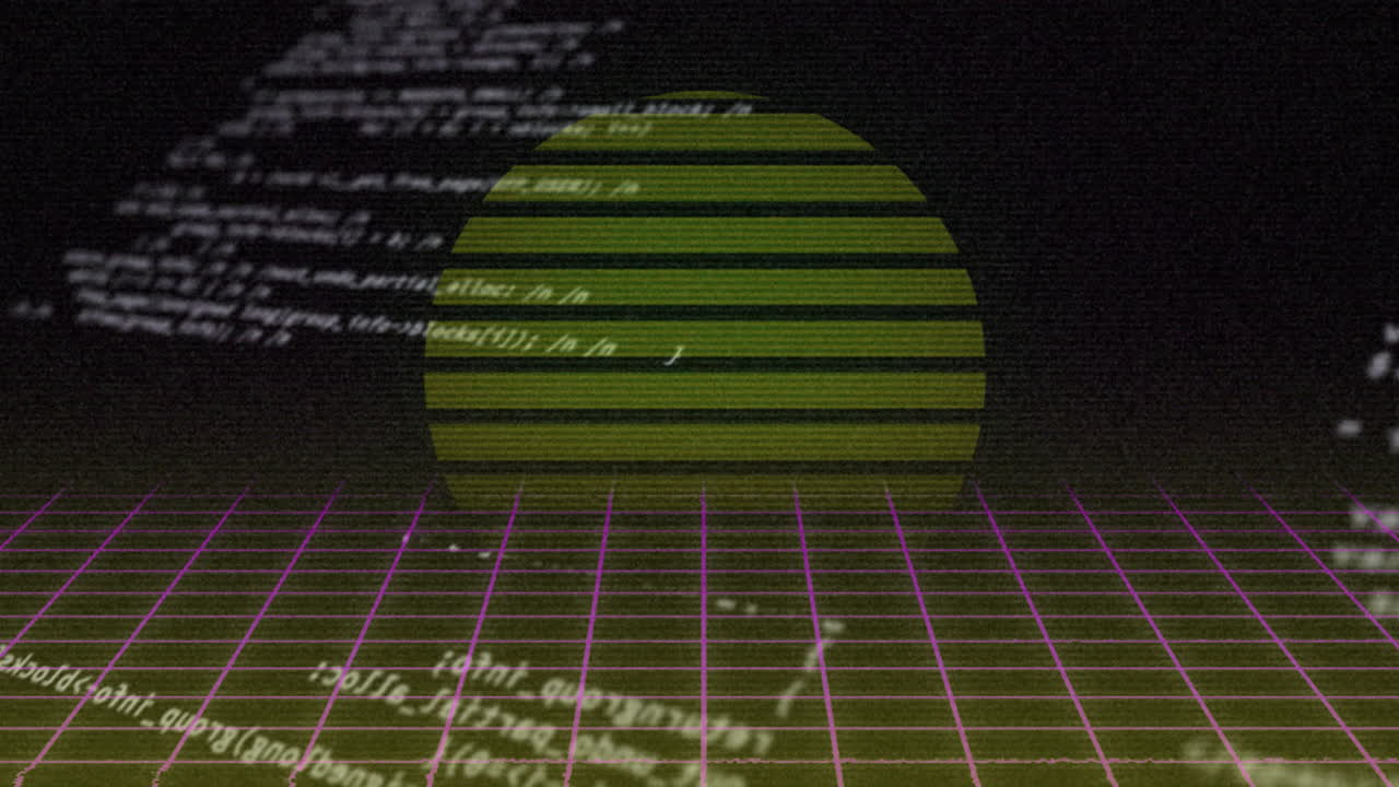 Retro grid with green sun and coding animation
