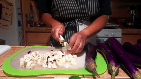 una mujer cortando berenjenas para prepararse para una deliciosa sopa de verduras - cerrar