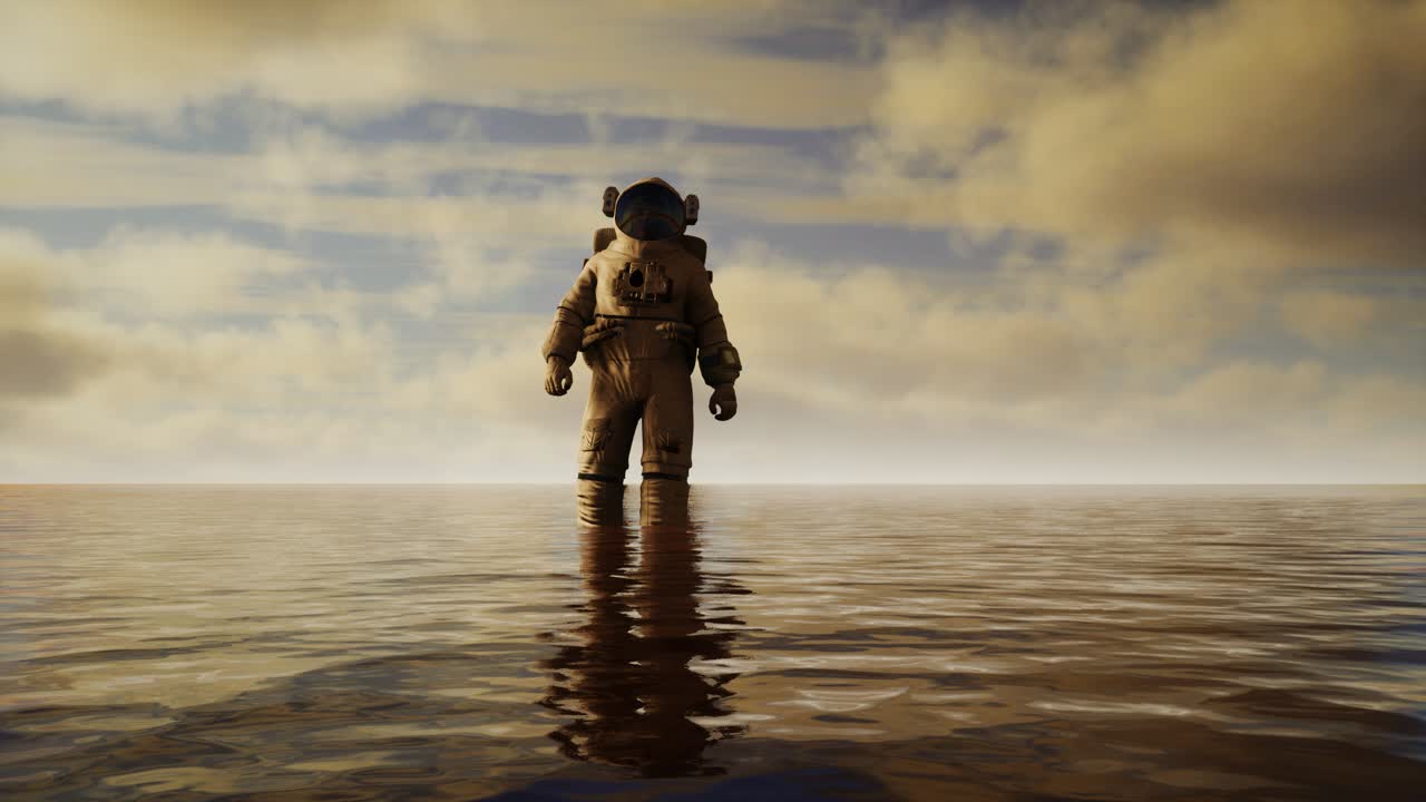 Spaceman in the sea under clouds at sunset