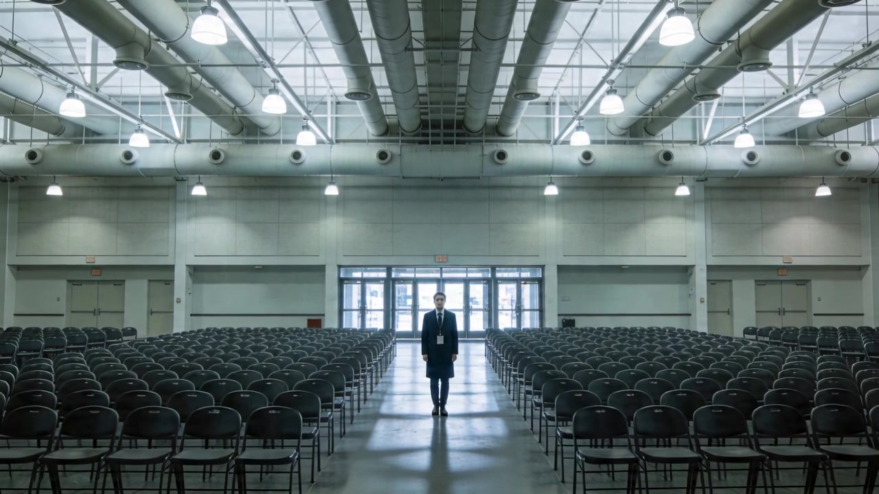 Entering through glass doors, man in suit with lanyard walking aisle in event hall checking chairs
