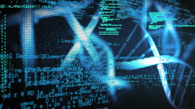 Processing scientific data, DNA strand and binary coding animation