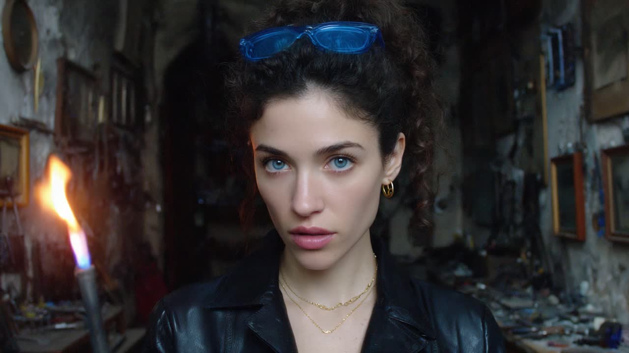 A Portrait of Determination: A Young Woman with Striking Blue Eyes and Flame in Hand Captured in a Unique Setting Reflecting Strength and Resolve