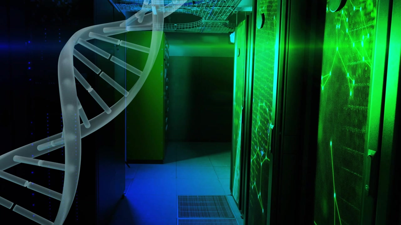DNA helix appearing at start, shifting upward and rotating, revealing racks, visualizing data links