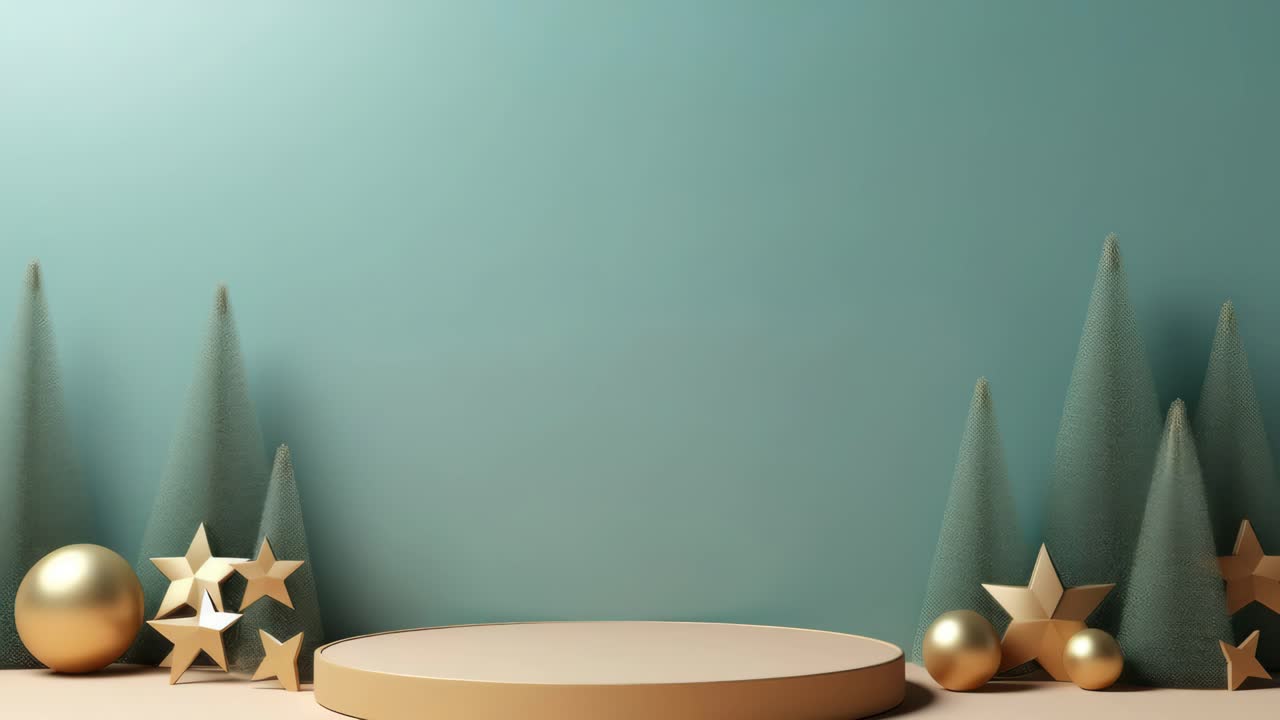 Minimalist Christmas scene with golden stars and spheres, teal trees, and a round podium