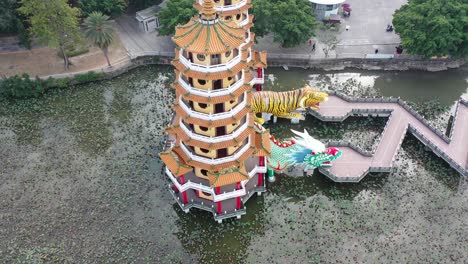 clockwise circular motion view of spectacular dragon and tiger pagodas temple with seven story tiered tower located at lotus lake at kaohsiung city taiwan