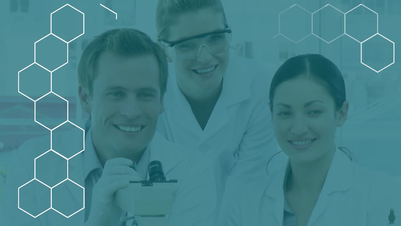 animación de hexágonos sobre diversos científicos