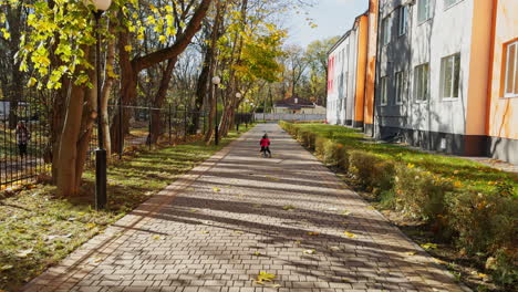 catching up with a little kid riding a bicycle. child on the walk on sunny autumn daytime.
