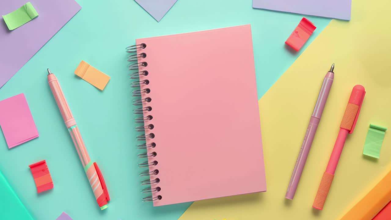 Colorful Stationery Arrangement with Notebooks and Pens on Colorful Background