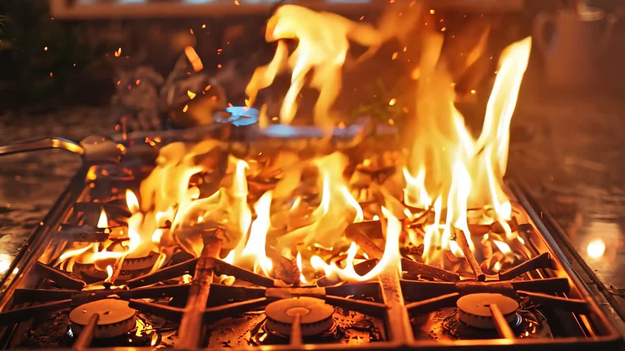 A stove top with a fire burning on it. The fire is very hot and is cooking food