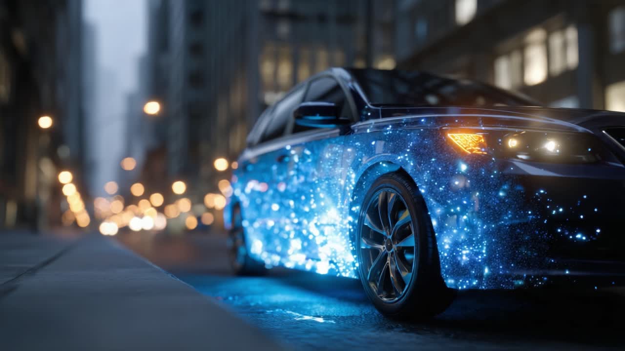 Un veicolo futuristico ornato da splendidi motivi luminosi percorre una vivace scena urbana, catturando l'essenza del design moderno e della tecnologia avanzata in movimento