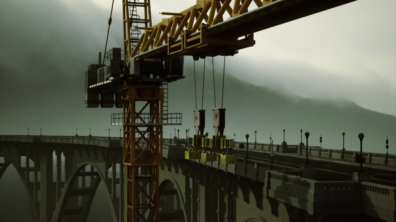 Construction crane operates over a bridge in a misty mountainous landscape