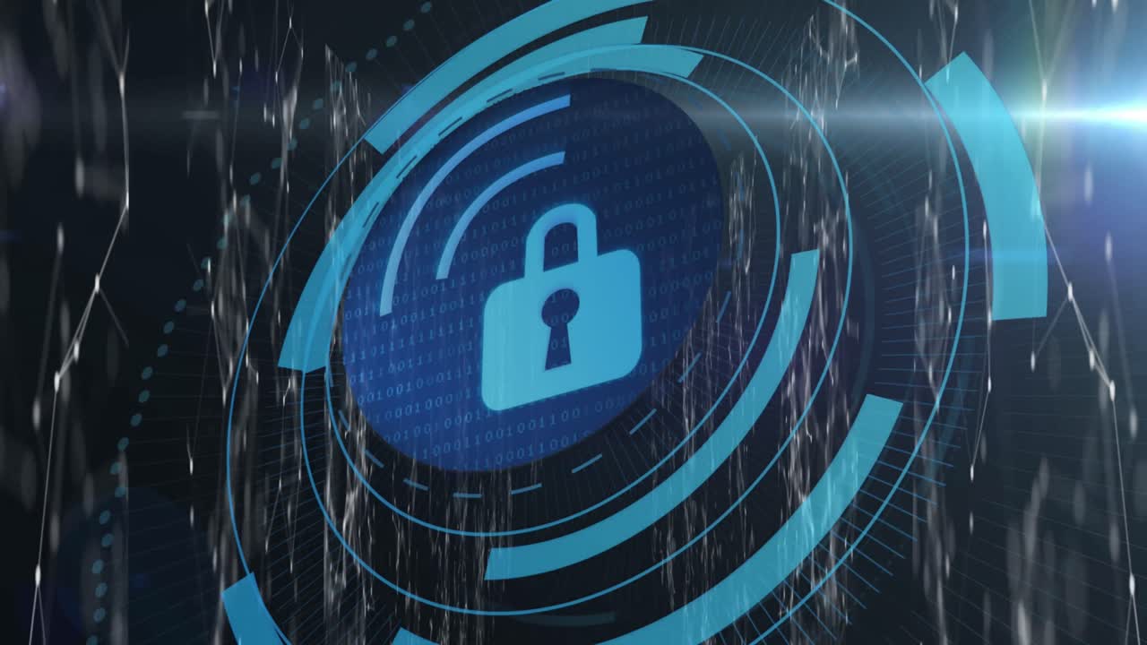 Animation of digital padlock in circle over connections and light in digital space