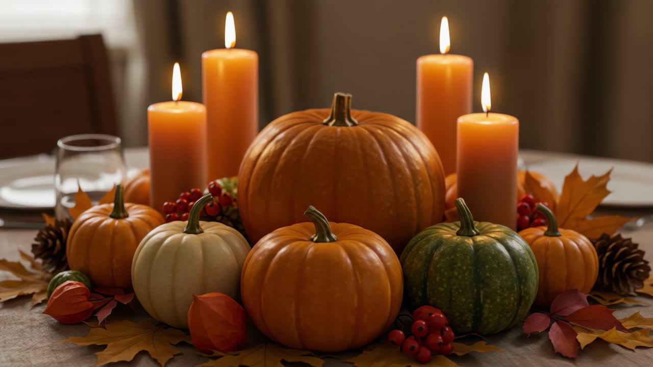 A Festive Autumn Display Featuring Pumpkins, Candles, and Fall Leaves for a Cozy Seasonal Atmosphere