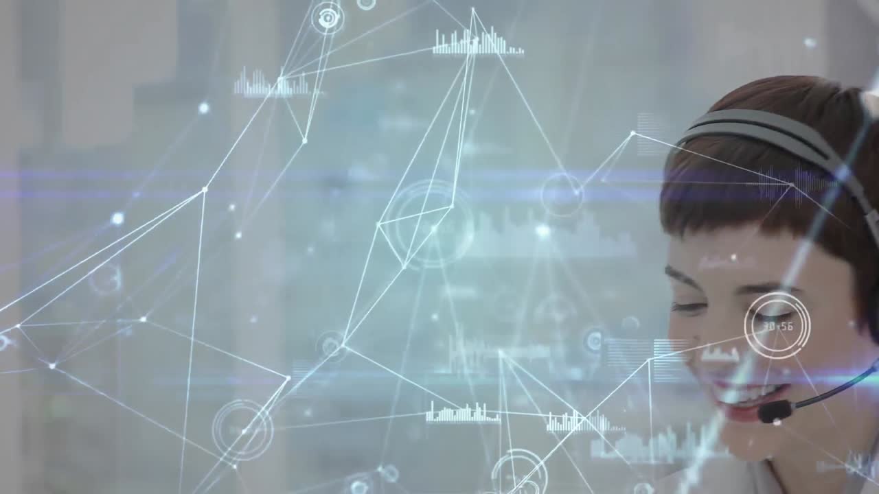 animación de redes de conexiones a través de una mujer de negocios usando auriculares telefónicos