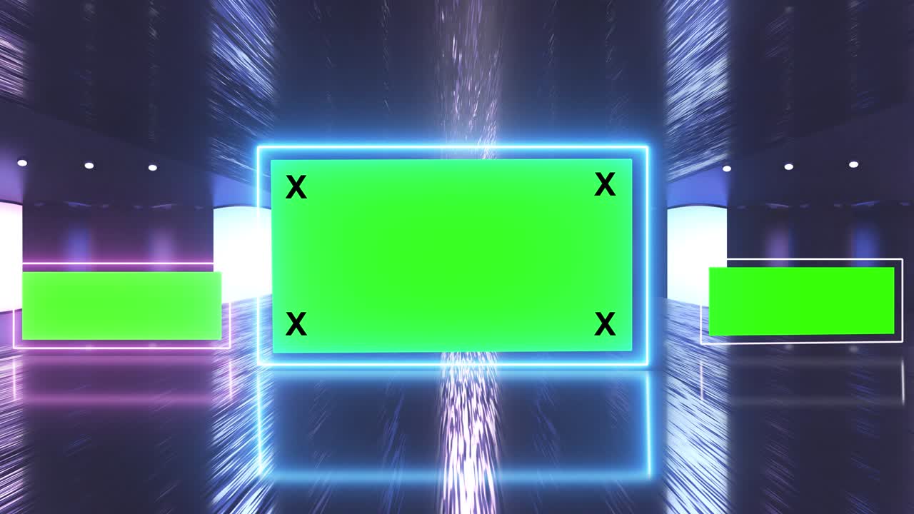 túnel creativo abstracto y pantalla verde modelo de cartelera del canal alfa. neón, bares y tecnología de led púrpura azul, ciencia ficción, renderizado cyberpunk futurista en 3d con marco en blanco.