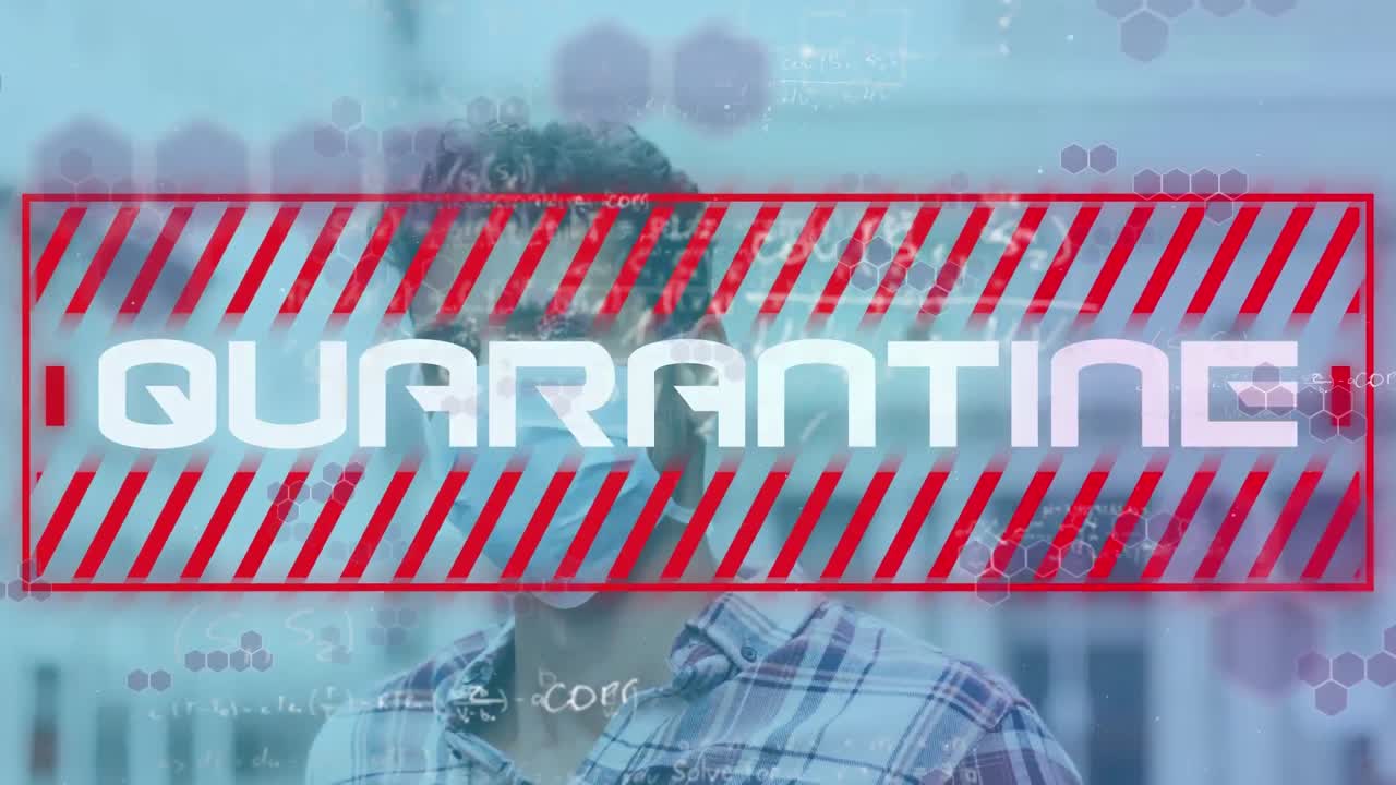 animación del texto de cuarentena de covid 19 sobre el hombre con máscara facial