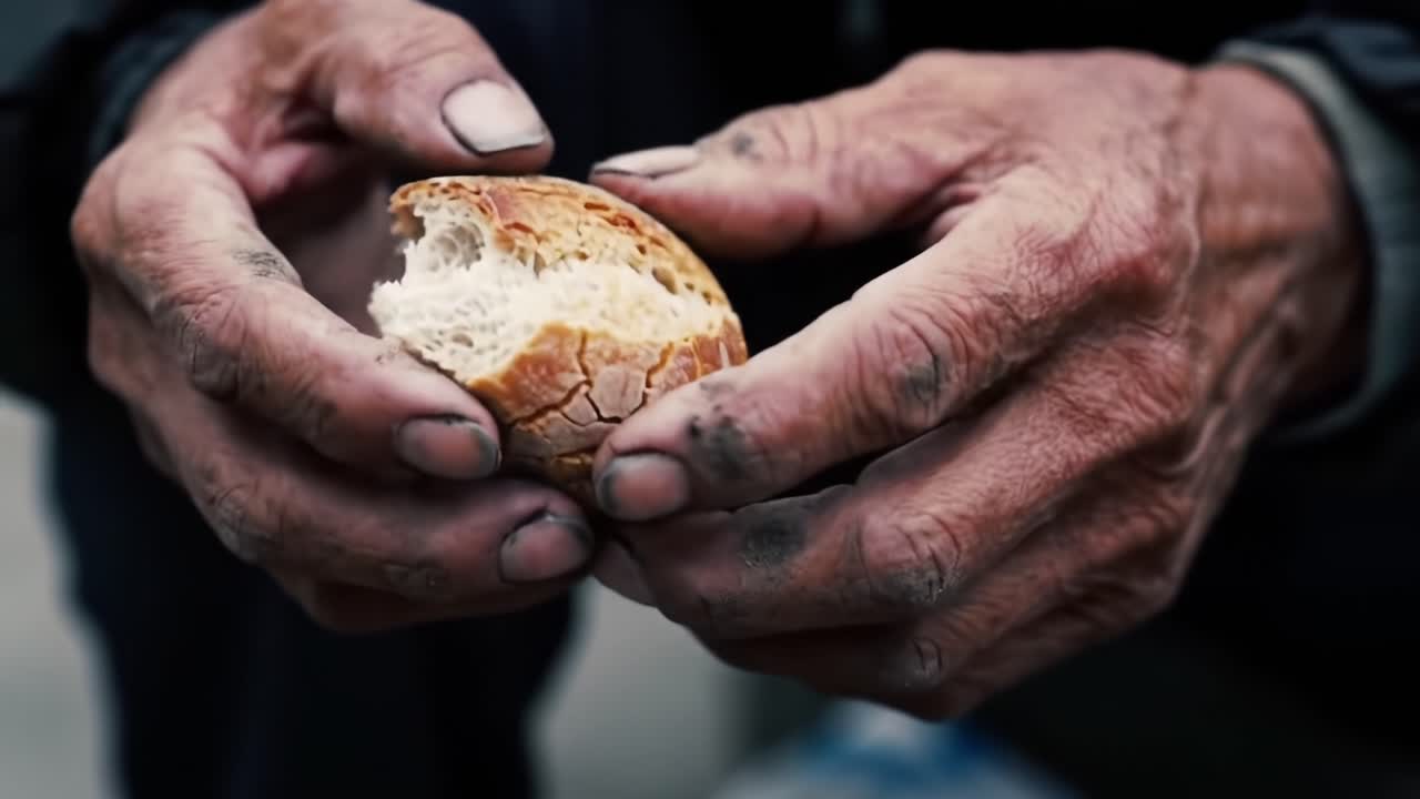 Eine Nahaufnahme von verwitterten Händen, die ein halb zerbrochenes Stück Brot halten, als Symbol für Widerstandsfähigkeit und den menschlichen Kampf ums Überleben in schwierigen Zeiten