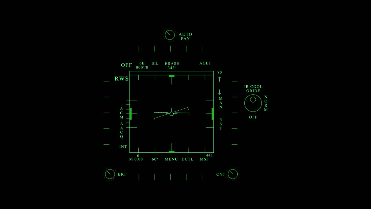 녹색 모니터 아날로그 디스플레이에 비행기 기기의 인공 지평선