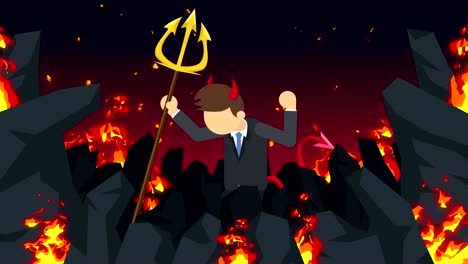 cartoon devil flying on hell. business character on burning wilderness. halloween. cosplay. loop scary animation.