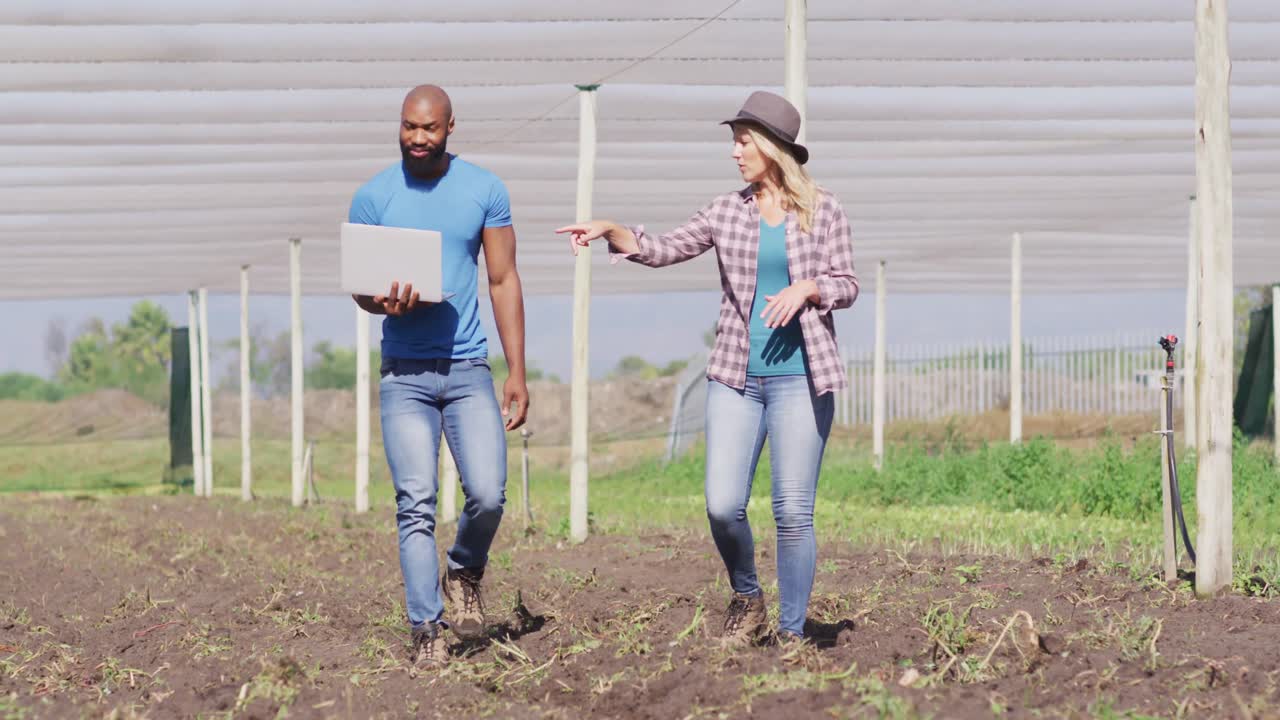 video de una mujer y un hombre diversos con una computadora portátil caminando en un invernadero