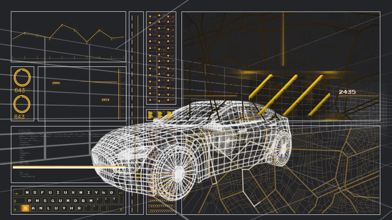 Animation of wireframe car with data charts and graphs in futuristic interface
