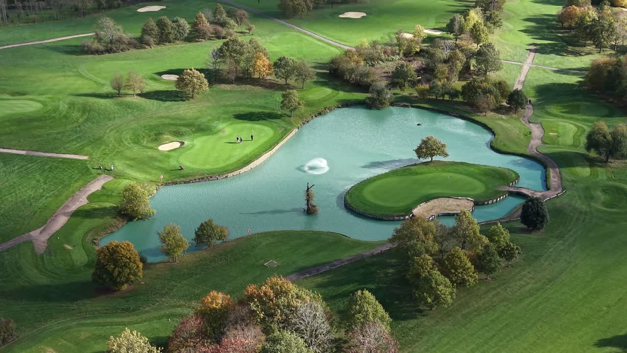 Vibrate colours of Toot hill golf course lake Essex UK drone,aeria