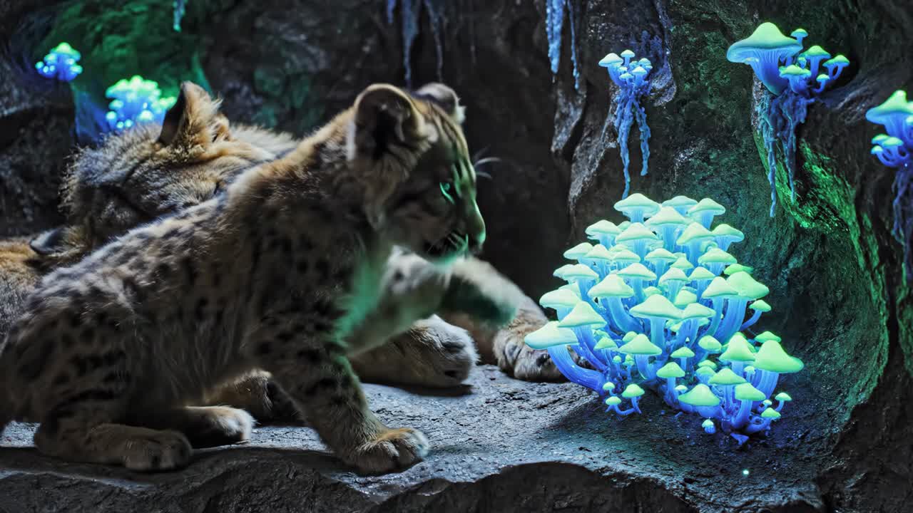 Lion Cub and Mother with Glowing Mushrooms in a Cave
