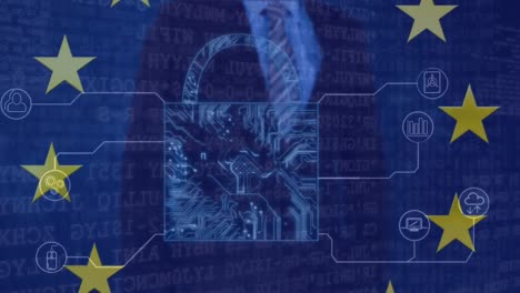 a conceptual animation of circuit connection security, with the european union flag and stars moving