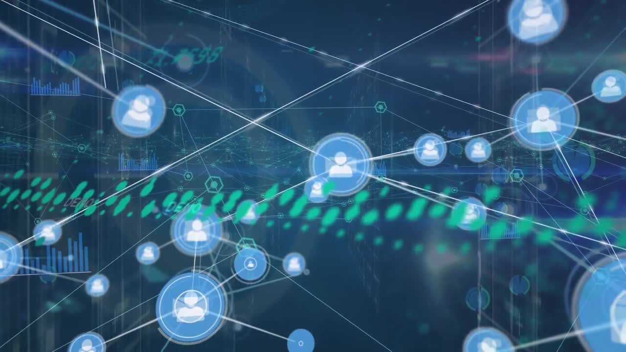 animación de la red de conexiones y la interfaz digital sobre fondo azul