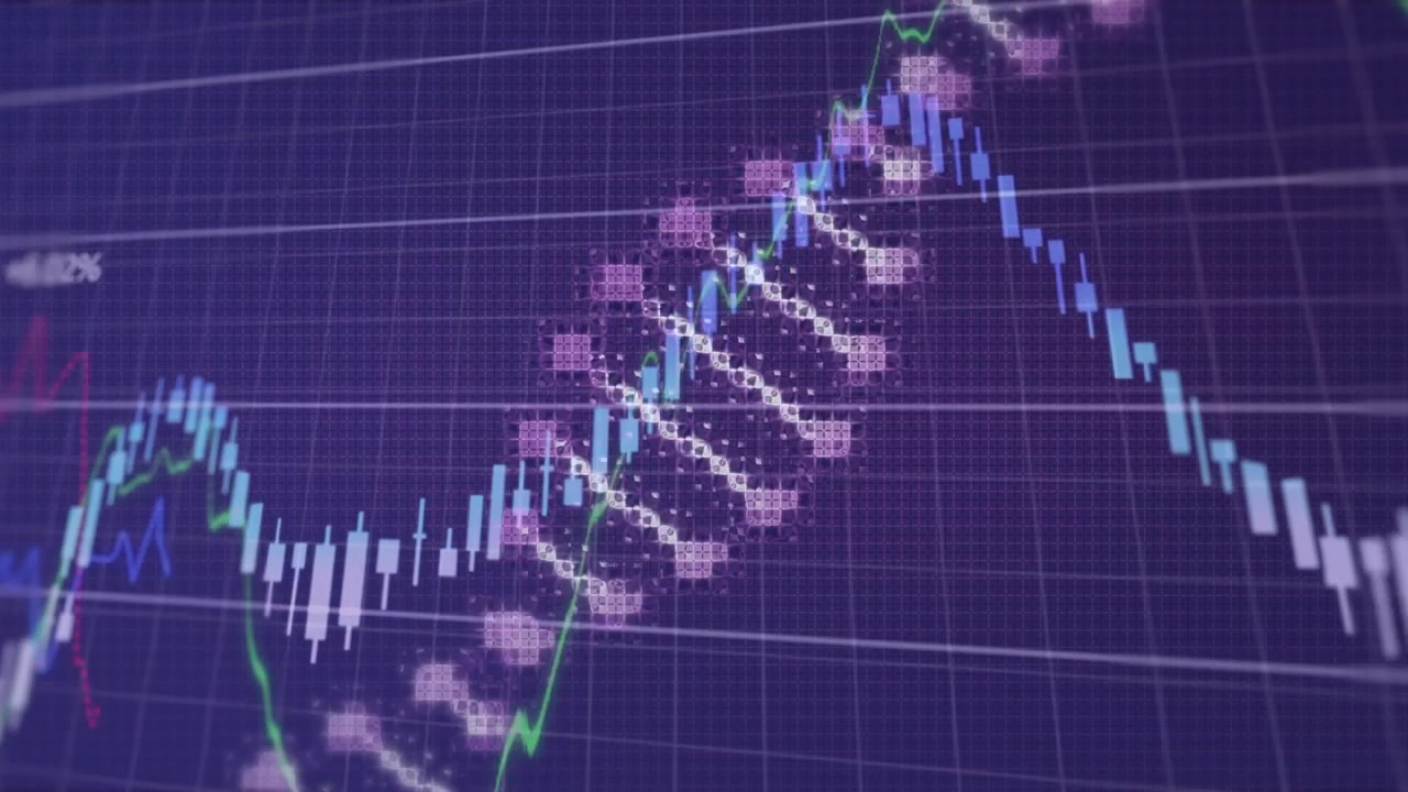 Animazione di elaborazione dati con statistiche e filamento di DNA che ruota.