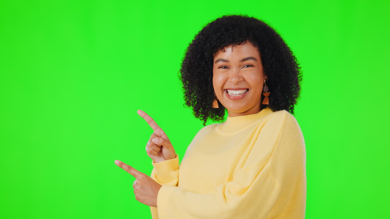 Woman, pointing finger and green screen