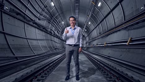 full body shot captures of an asian male professional worker standing in underground subway tunnel, his broad smile at the camera and giving thumbs up