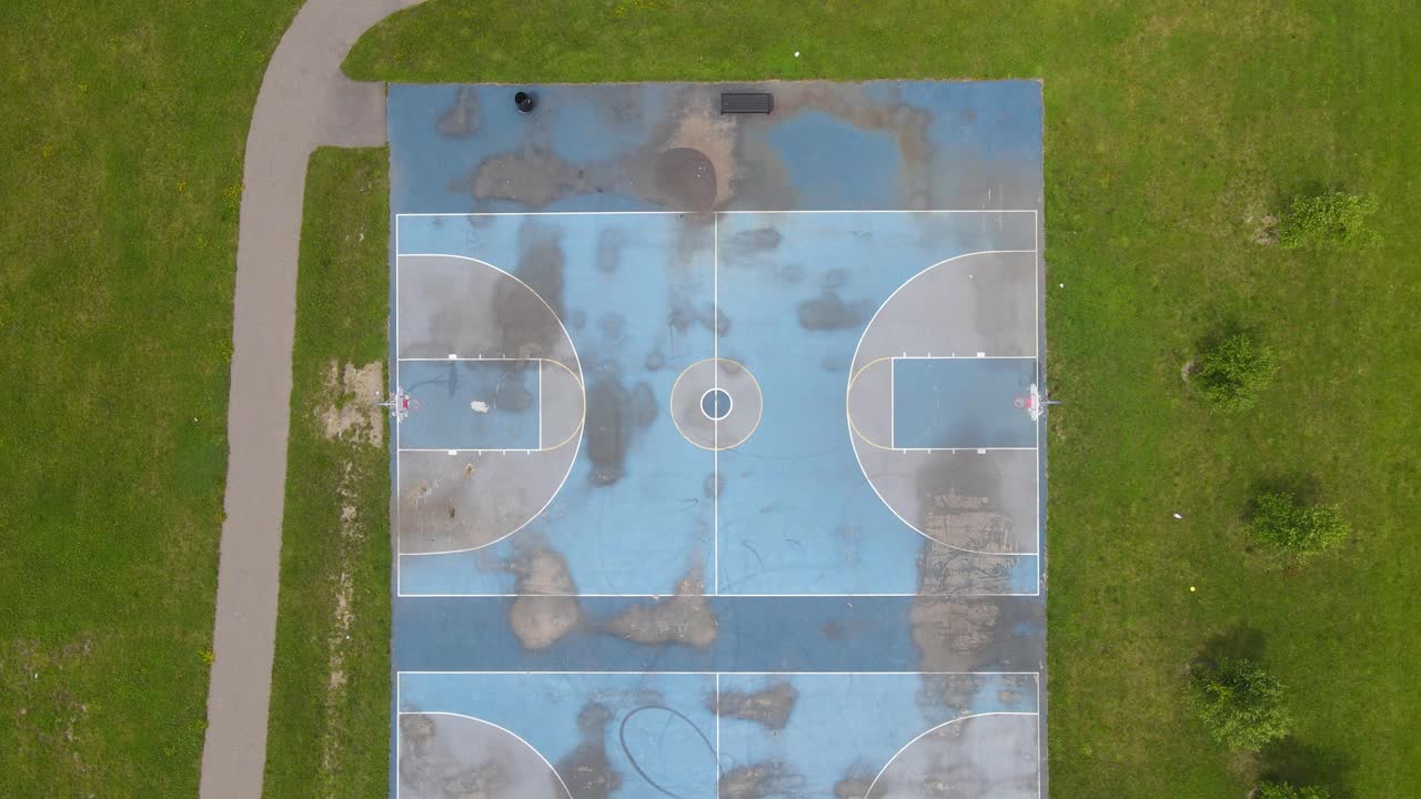 Overhead view of basketball court at O'Shea Playground in Plymouth neighborhood, Detroit, USA