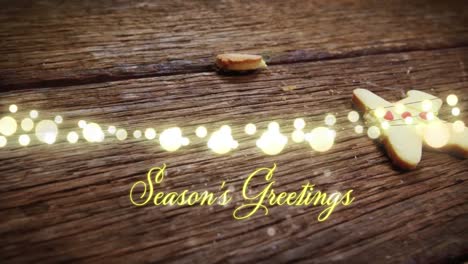 animation of text, season's greetings, in yellow, over string lights and falling gingerbread man