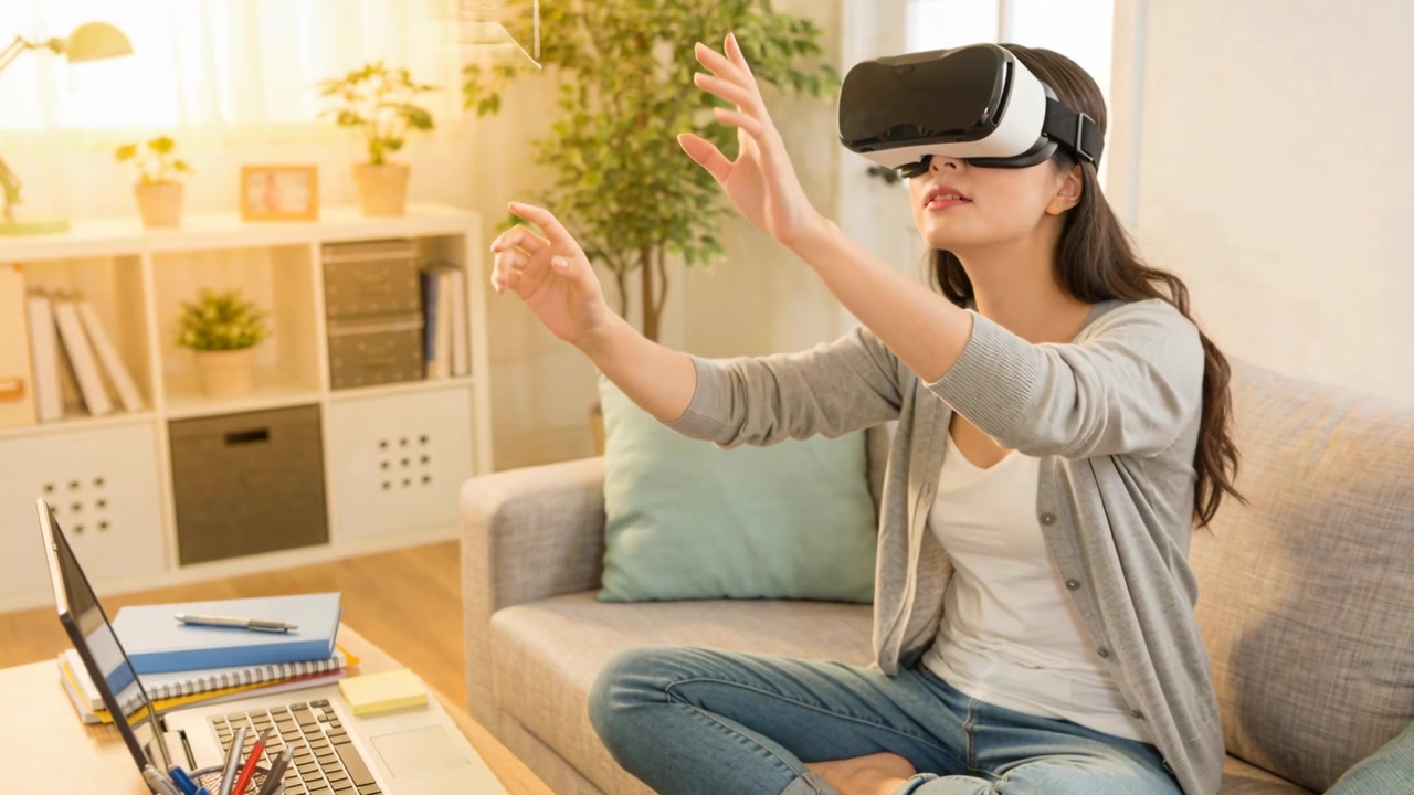 Reikende Aziatische vrouw met VR-headset en vest die de interface aanpast op de bank met een laptop.