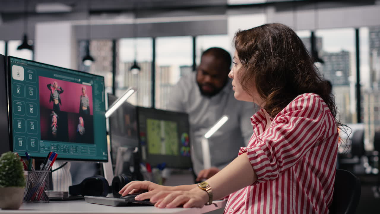 Happy Woman Working on Computer in Modern Office