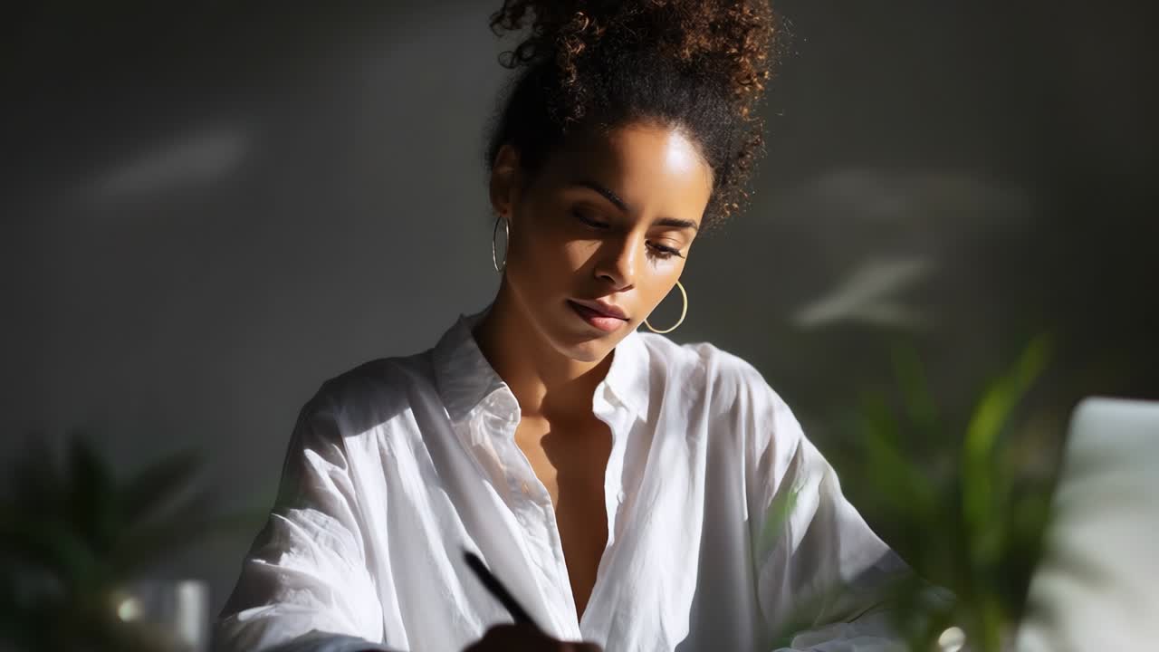 Criatividade focada: uma mulher concentrada enquanto escreve, com a luz natural filtrando-se, destacando sua intensa concentração e expressão artística enquanto elabora seus pensamentos com intenção e paixão
