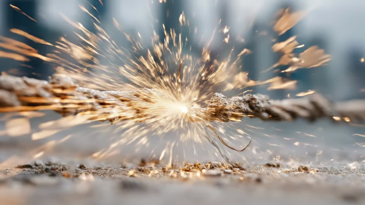 Una fune si spezza e crea scintille in città. Una fune si rompe sotto tensione, generando scintille in un vivace ambiente urbano diurno.