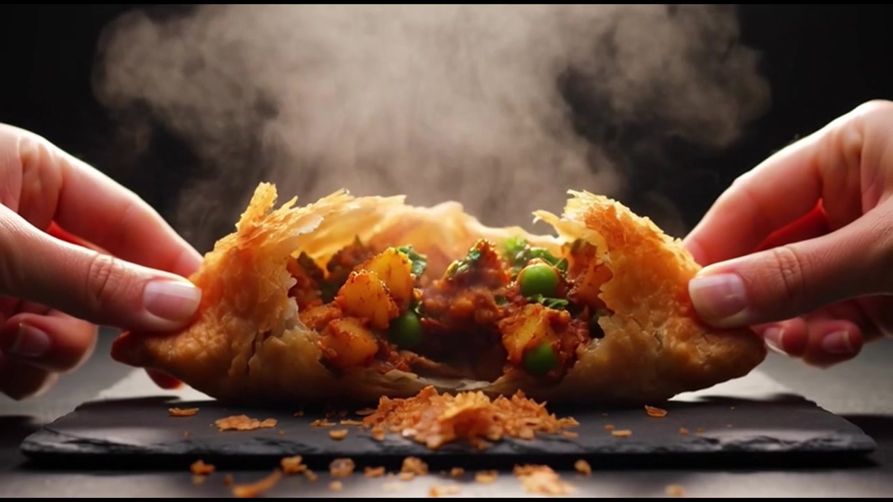Kädet murtamassa auki kuumaa, höyryävää samosaa