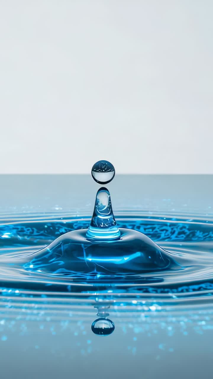 Vertikales Video: Fallender Tropfen erzeugt einen zentralen Strahl und Wellen, die Energie auf blauem Wasser ableiten