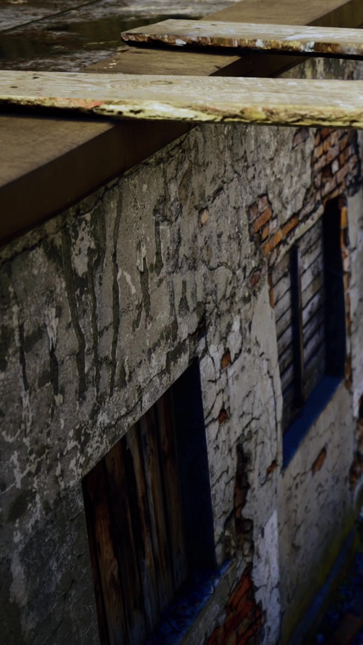 Vecchio muro con finestre che mostrano segni di usura in un'area urbana al tramonto