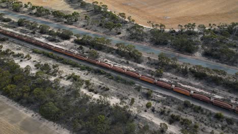 long cargo train crossing rural area, western australia