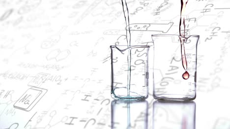 chemicals falling in the beakers against chemical structure and formulas on white background