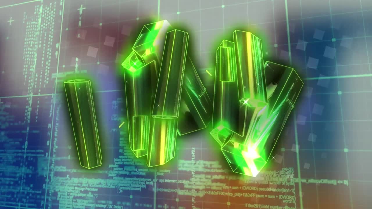 animación de barras 3d sobre el patrón de cuadrícula contra el lenguaje informático en un fondo abstracto